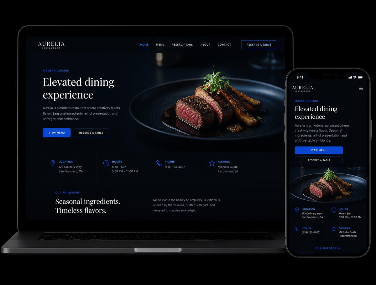 Mockup do site criado para Aurelia Restaurante em computador e celular