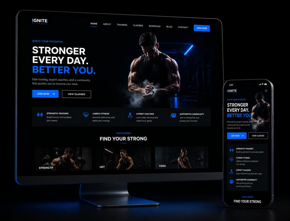 Mockup do site criado para Ignite Fitness em computador e celular