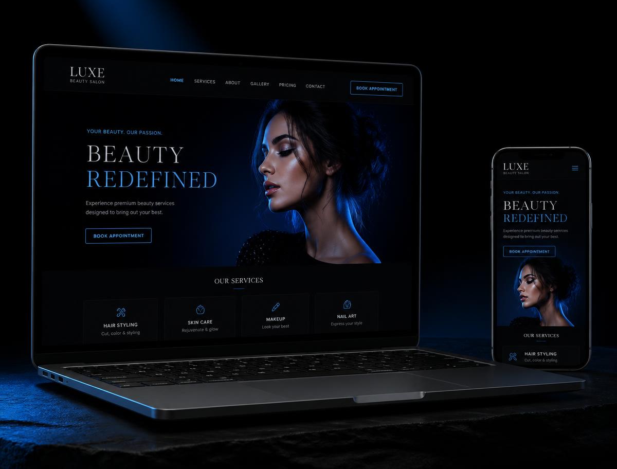 Mockup do site criado para Luxe Beauty em computador e celular